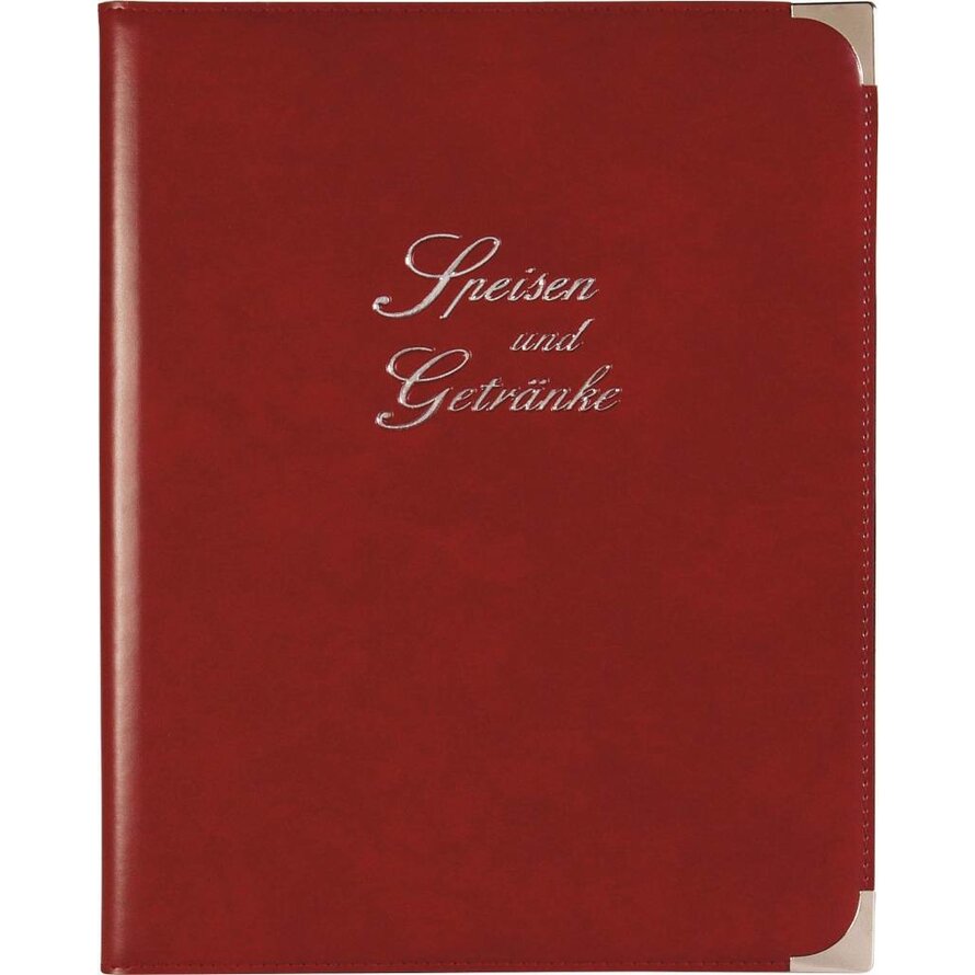 Speisenkarte, Metallecken silber A4, weinrot