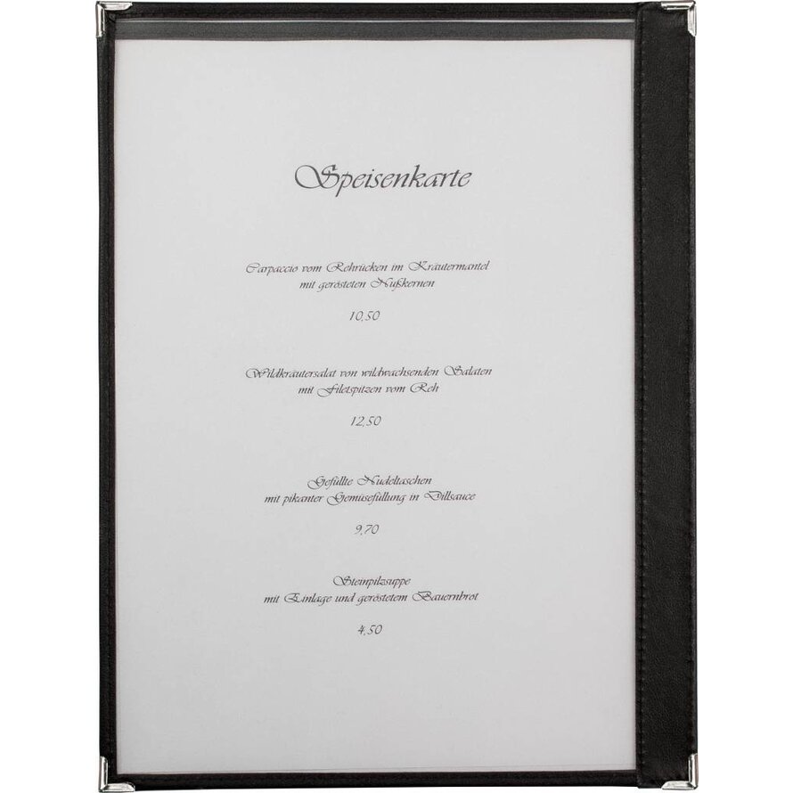 Amerik. Speisenkarte A4 mit 2 Fenster  schwarz, Ecken silber