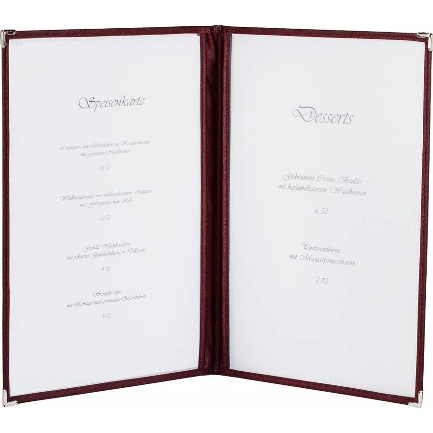 Amerik. Speisenkarte A4 mit 4 Fenster  bordeaux, Ecken gold