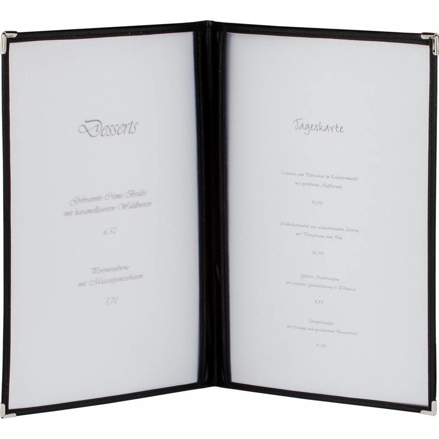 Amerik. Speisenkarte A4 mit 4 Fenster  schwarz, Ecken silber