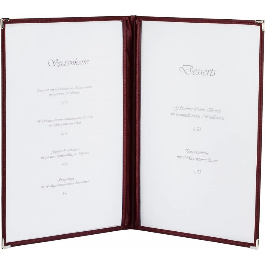 Amerik. Speisenkarte A5 mit 4 Fenster  bordeaux, Ecken gold