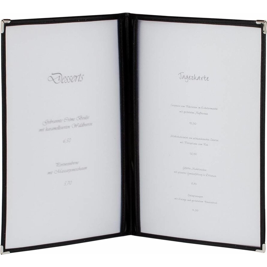 Amerik. Speisenkarte A5 mit 4 Fenster  schwarz, Ecken silber