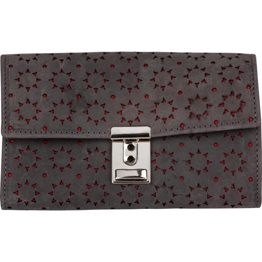 Kellnerbörse mit Motiv grau, Motiv Sonne, Hintergrund rot