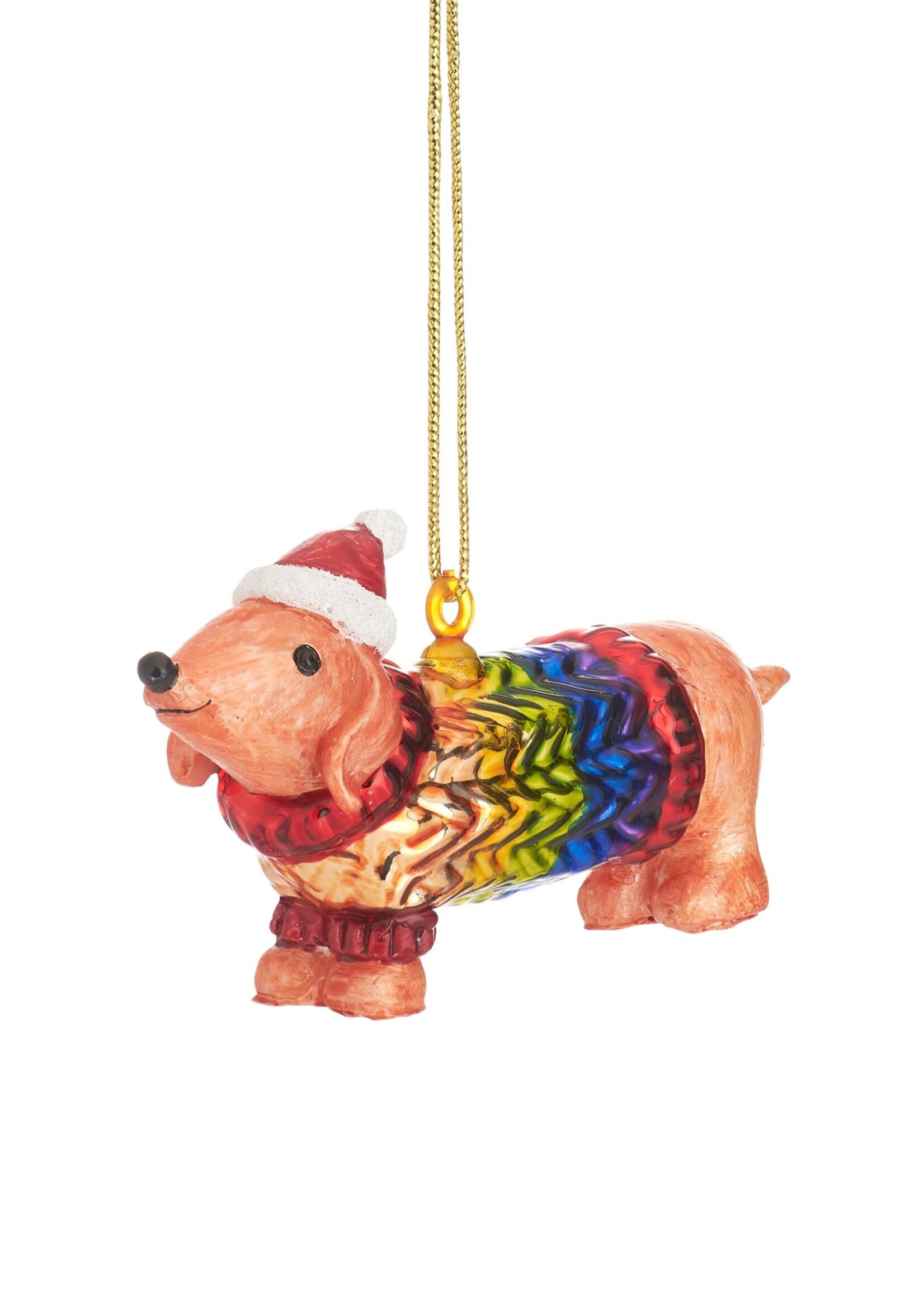 BOULE DE NOEL - Teckel en manteau arc-en-ciel