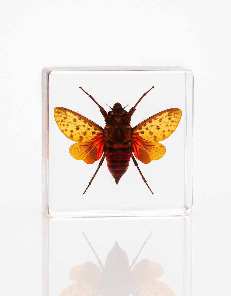 Animaux Spéciaux Paperweight with Penthicodes pulchella – lanternfly in resin block (38×38×14 mm)