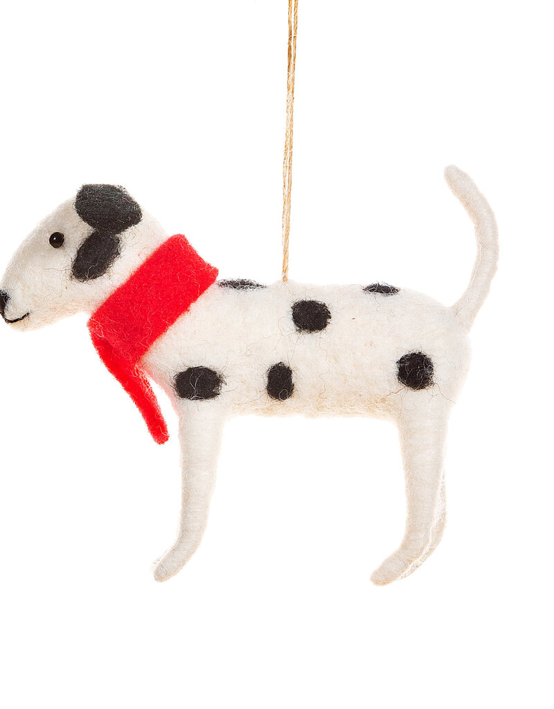 Sass & Belle Felt Christmas hanging decoration of a dalmatian with red scarf