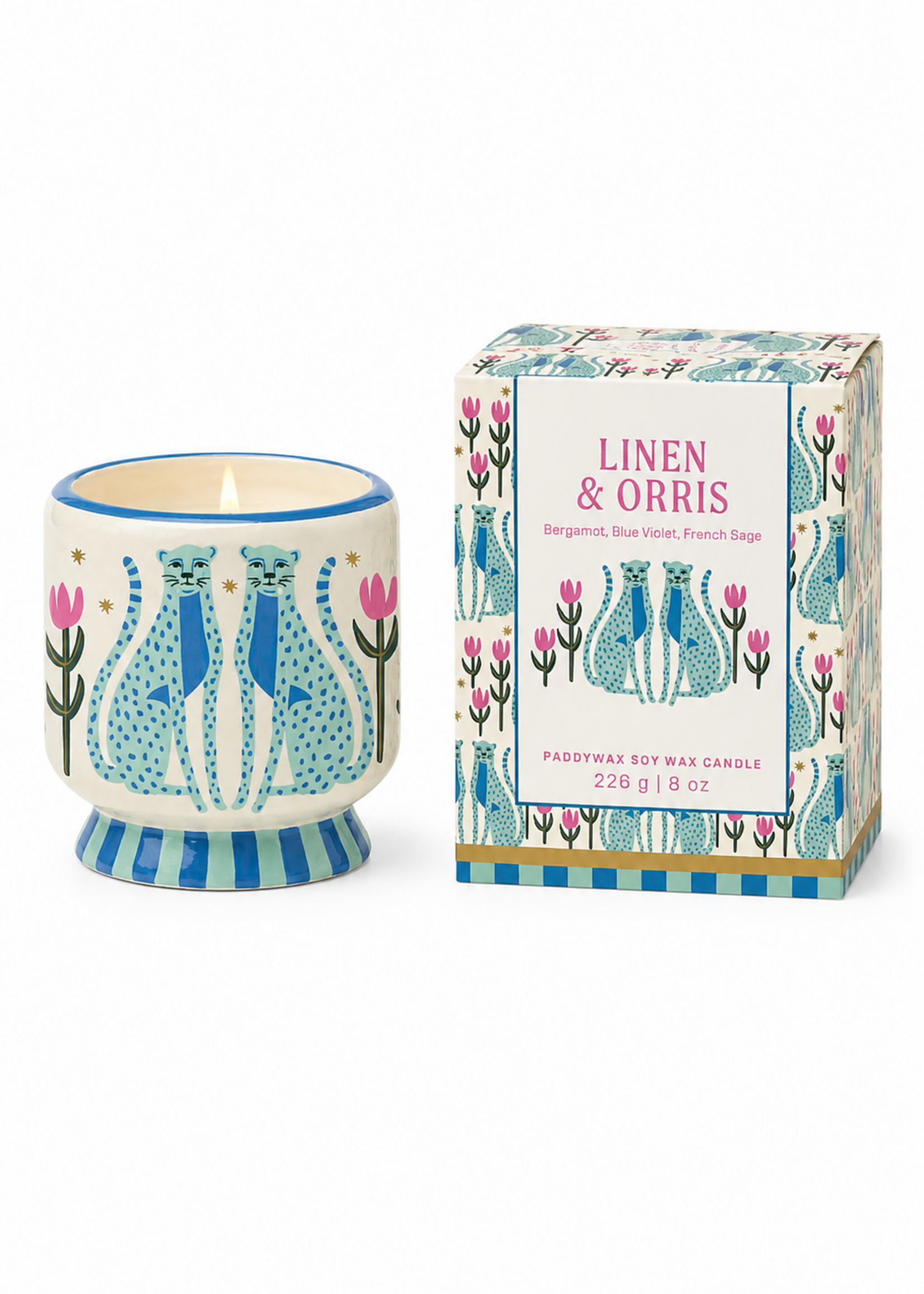 PADDYWAX A Dopo 8oz./226g Blue Cheetahs Ceramic Candle - Linen & Orris