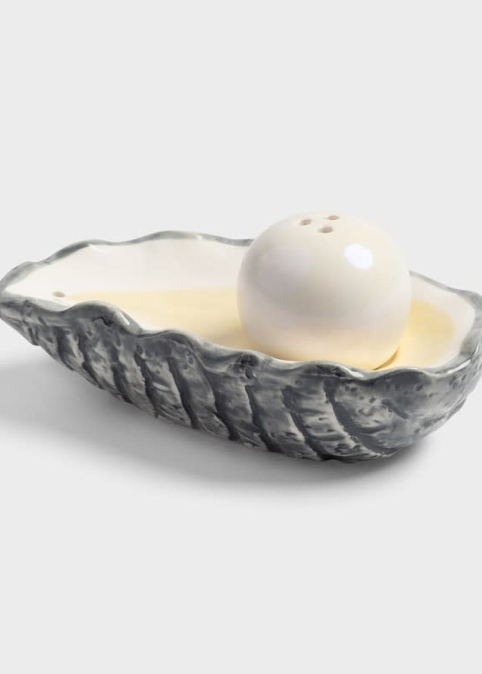 Hand-painted stoneware oyster and pearl salt and pepper set