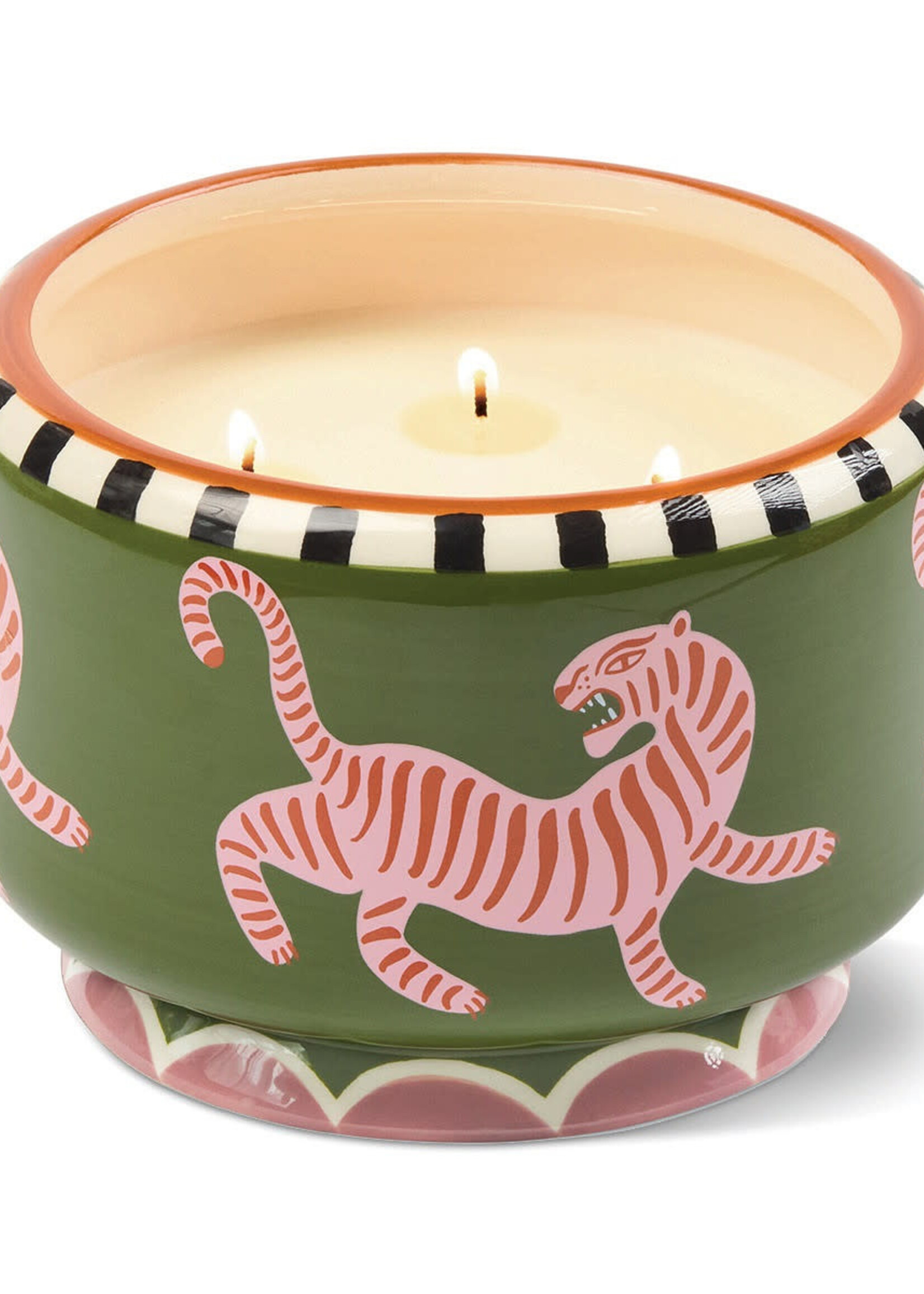 PADDYWAX Bougie parfumée Paddywax Black Cedar & Fig dans un pot en céramique peint à la main, décoré de tigres – 680 g