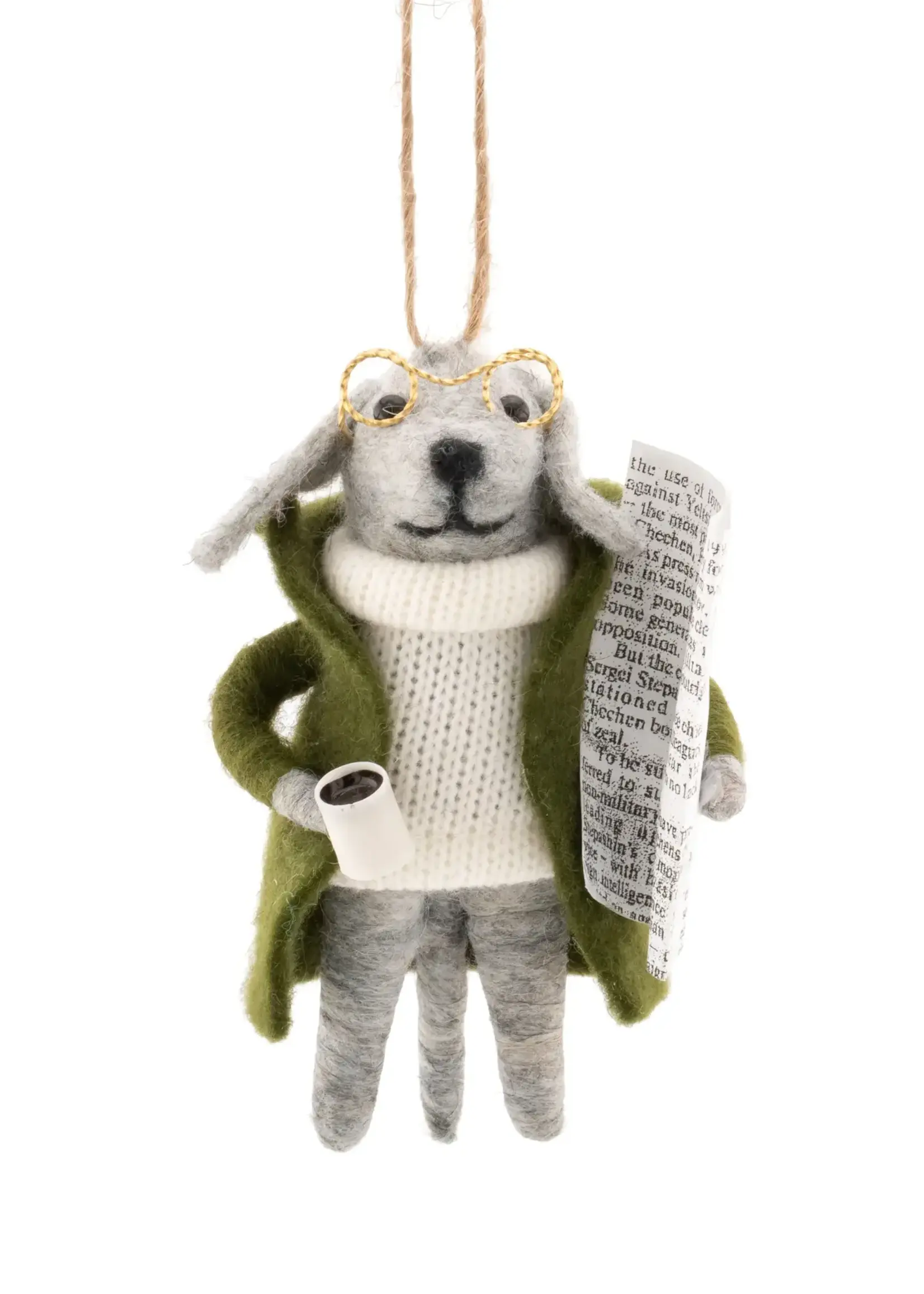 Felt Dog Christmas Ornament with Newspaper and Coffee