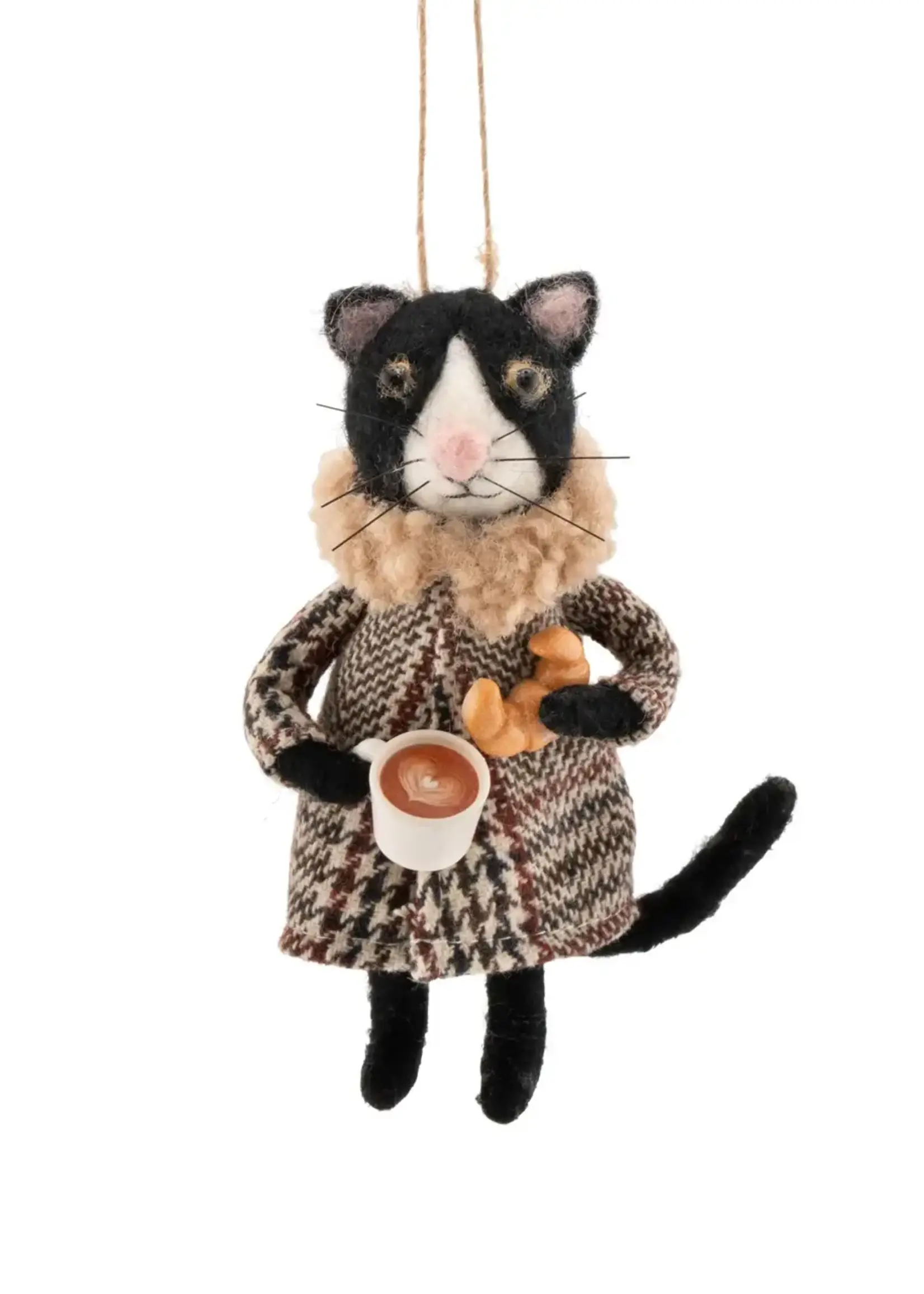 Vilten kersthanger kat met koffie en croissant