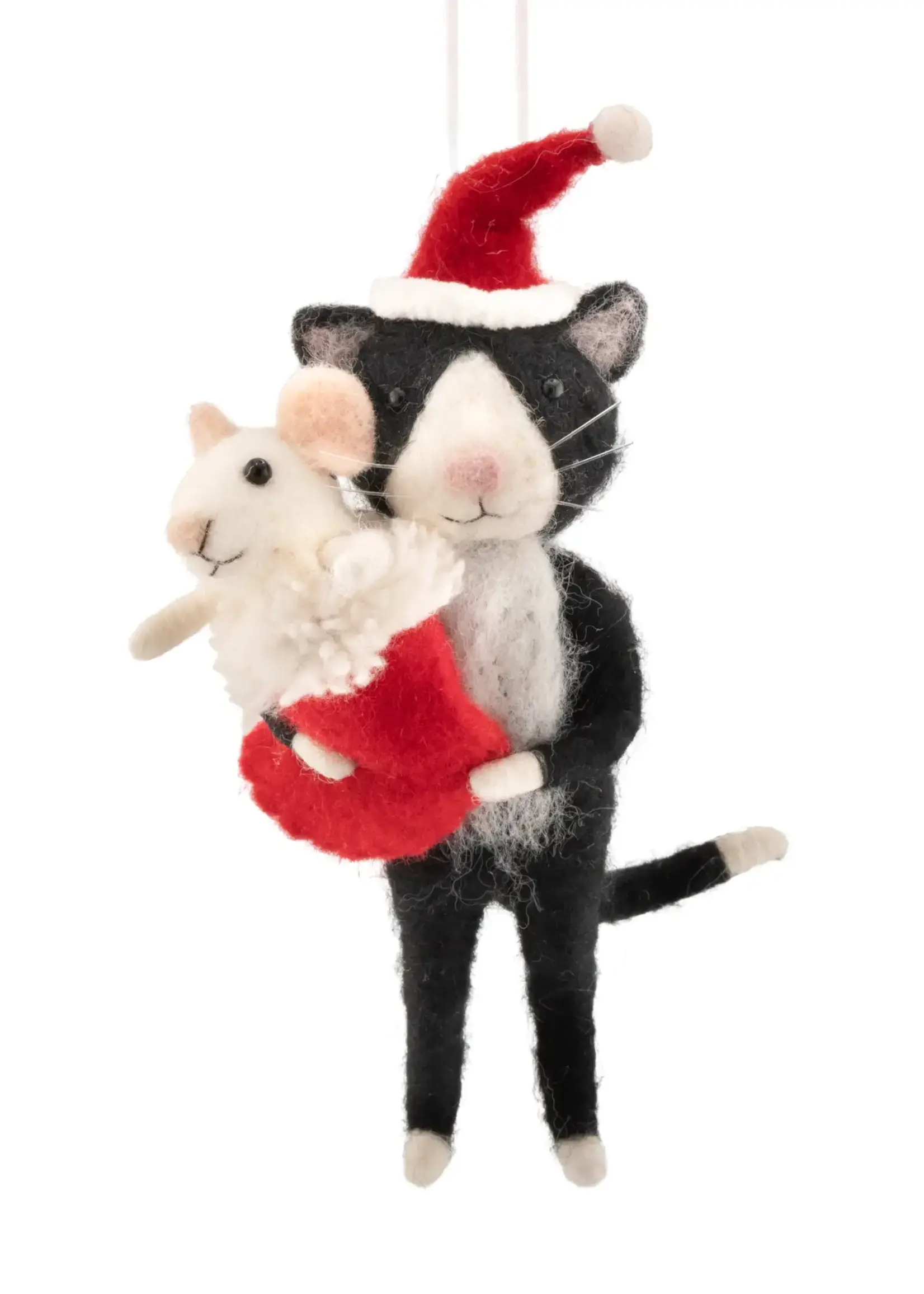 Suspension de Noël en feutre – Chat avec souris dans une chaussette