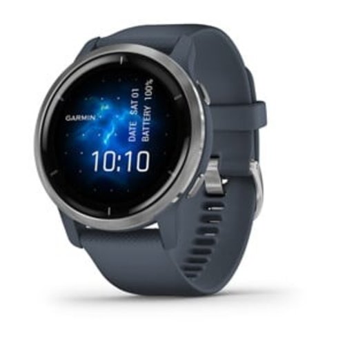 Garmin Venu® 2. Zilverkleurige rand van roestvrij staal met granite blue behuizing en siliconen polsband Garmin Venu® 2. Zilverkleurige rand van roestvrij staal met granite blue behuizing en siliconen polsband