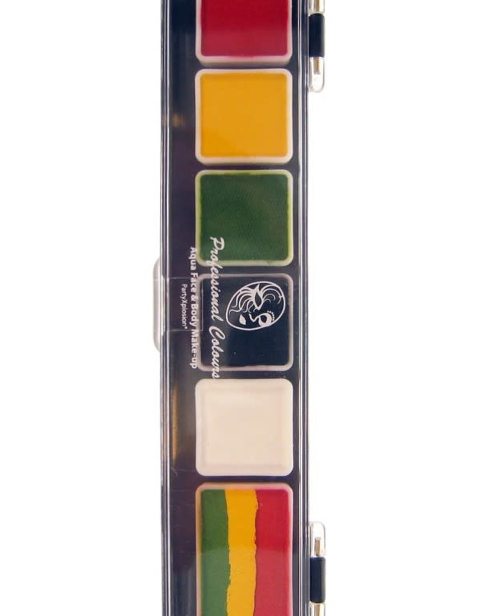 PartyXplosion Palette Reggae 5 x 3 and 1 x 6 gram rasta colours palet with brush size 25 Regular colours and 1 splitcake