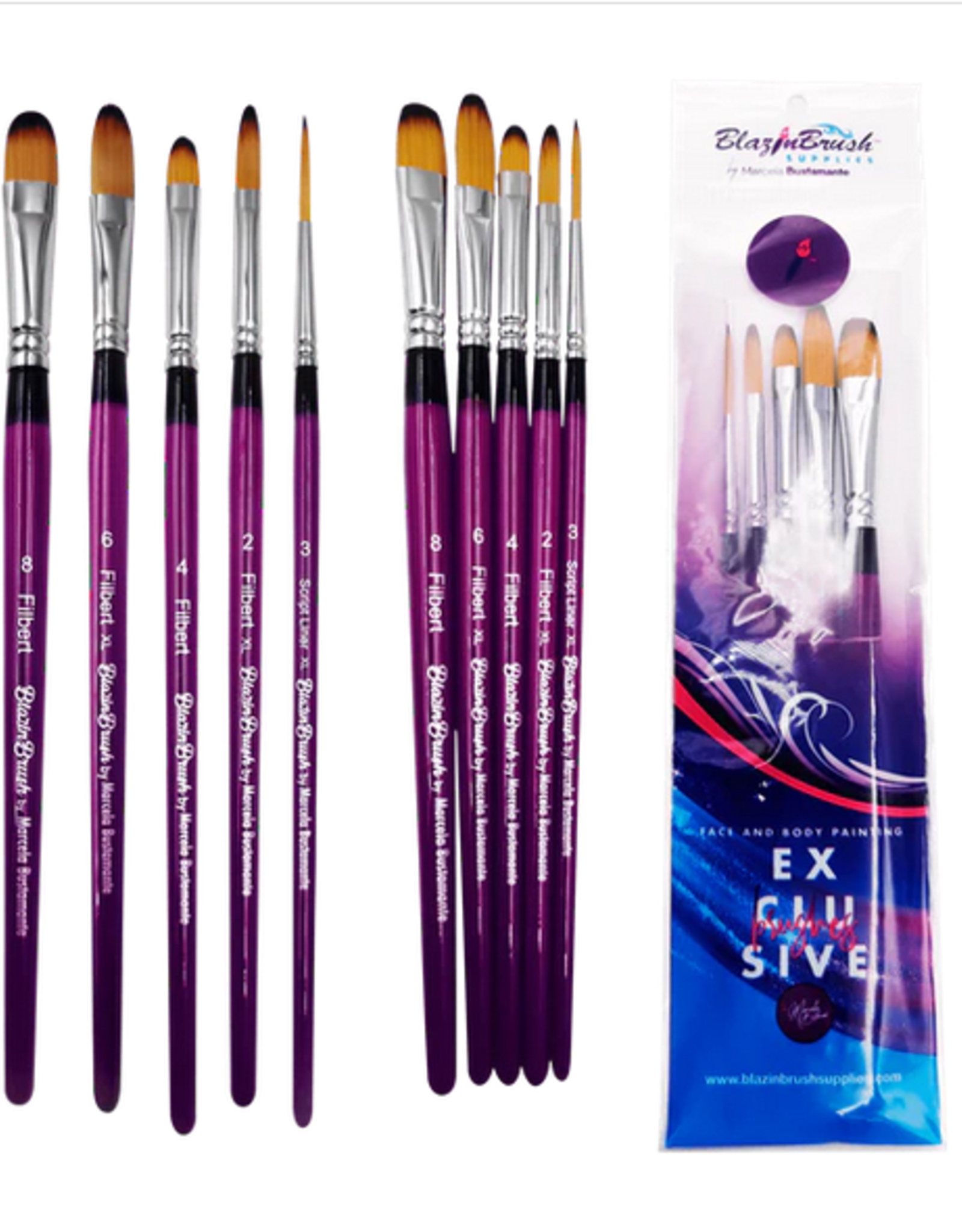 BlazinBrush Blazin Face Painting Brush by Marcela Bustamante | Filbert Collection Set 4 + 1 Liner #3 Xl