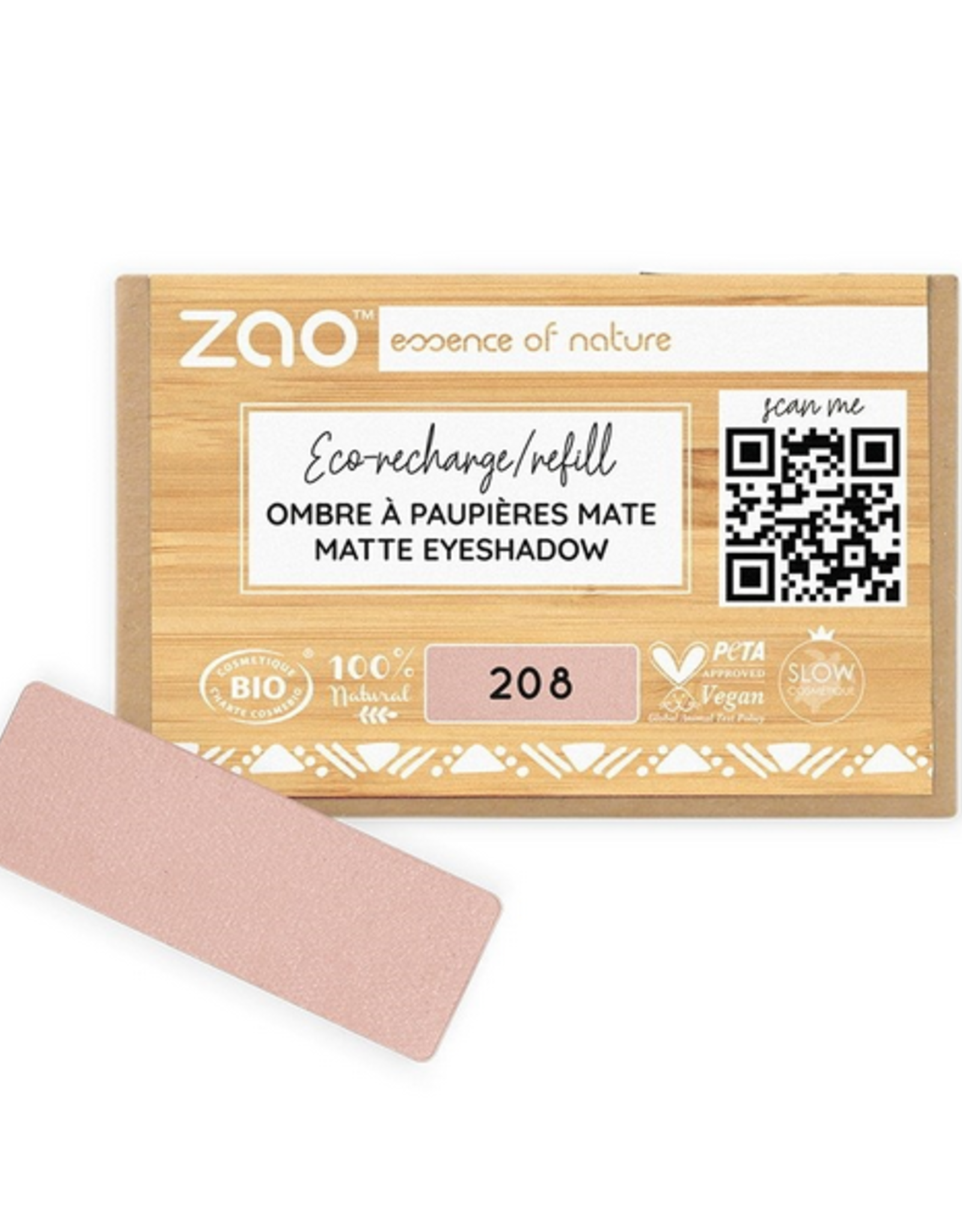 Zao ZAO Bamboe Oogschaduw Refill (rechthoekig) Matte 208 (Pink Nude) 1.3 gram