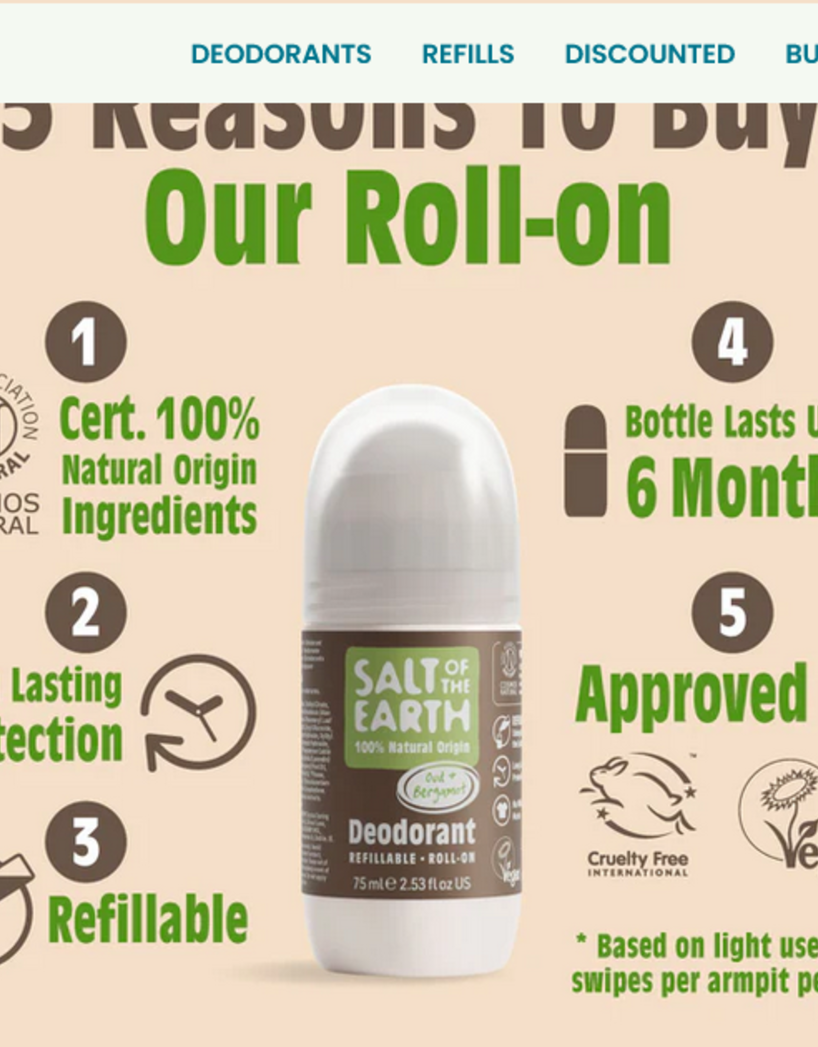 Salt of the Earth Oud & Bergamot Refillable Roll-On Deodorant COSMOS Natural 75ml