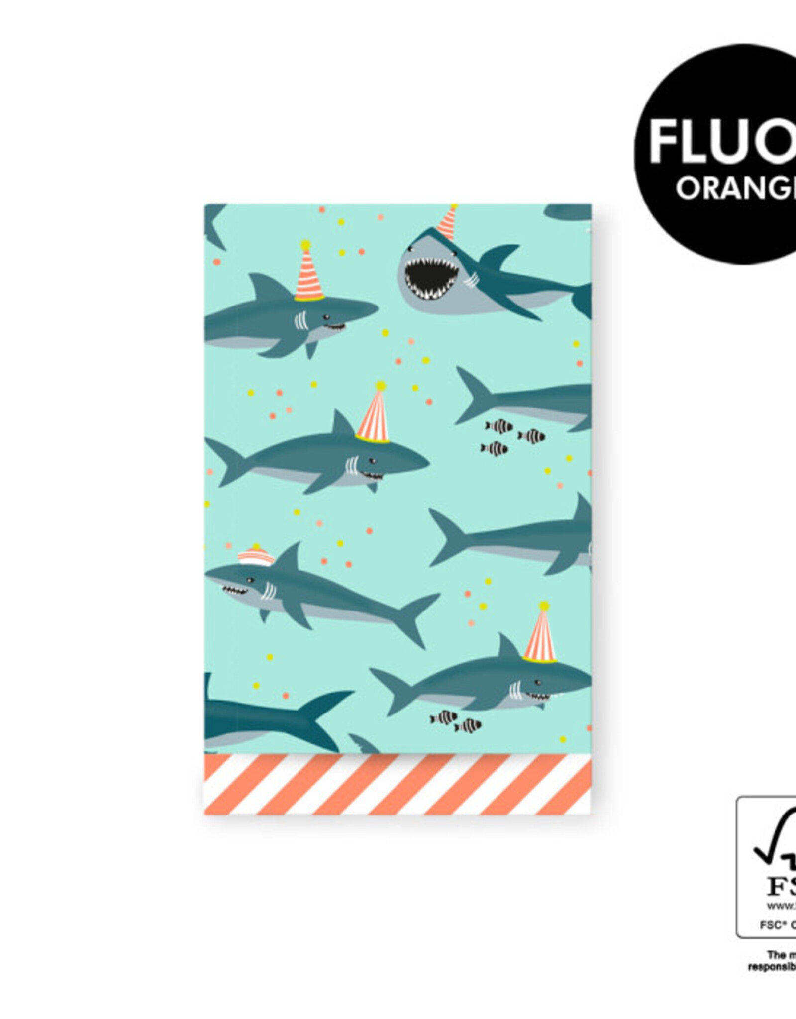 House of Products Cadeauzakje - Shark Pastel Mint - Stripe Fluor Orange - 12 x 19 cm - per stuk