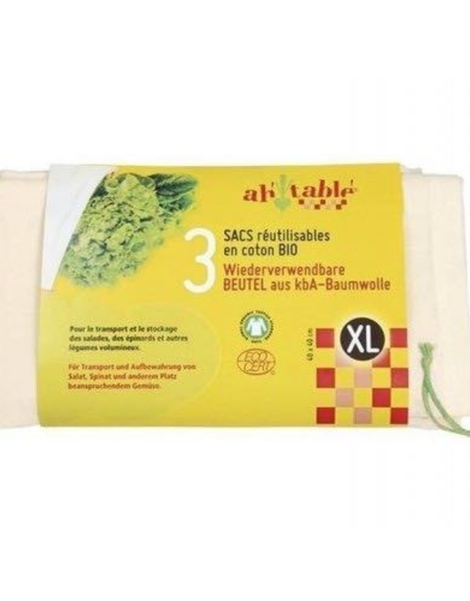 Ah'table herbruikbare tasjes in biologische katoen XL 40 x40cm