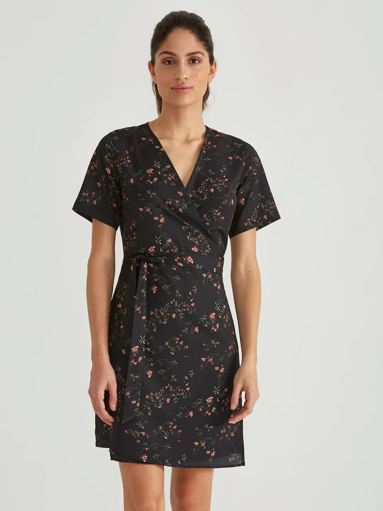 Printed Wrap Dress in Black Floral