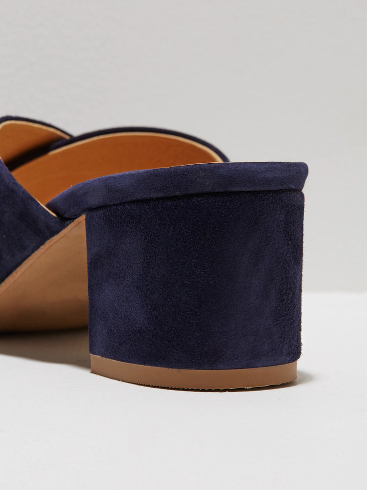 Blocked Heel Cross Strap Mule in Navy Suede