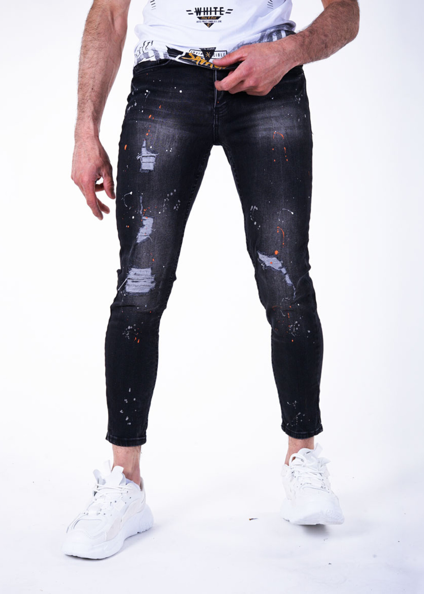 EnkelJeans zwarte / oranje verspetters