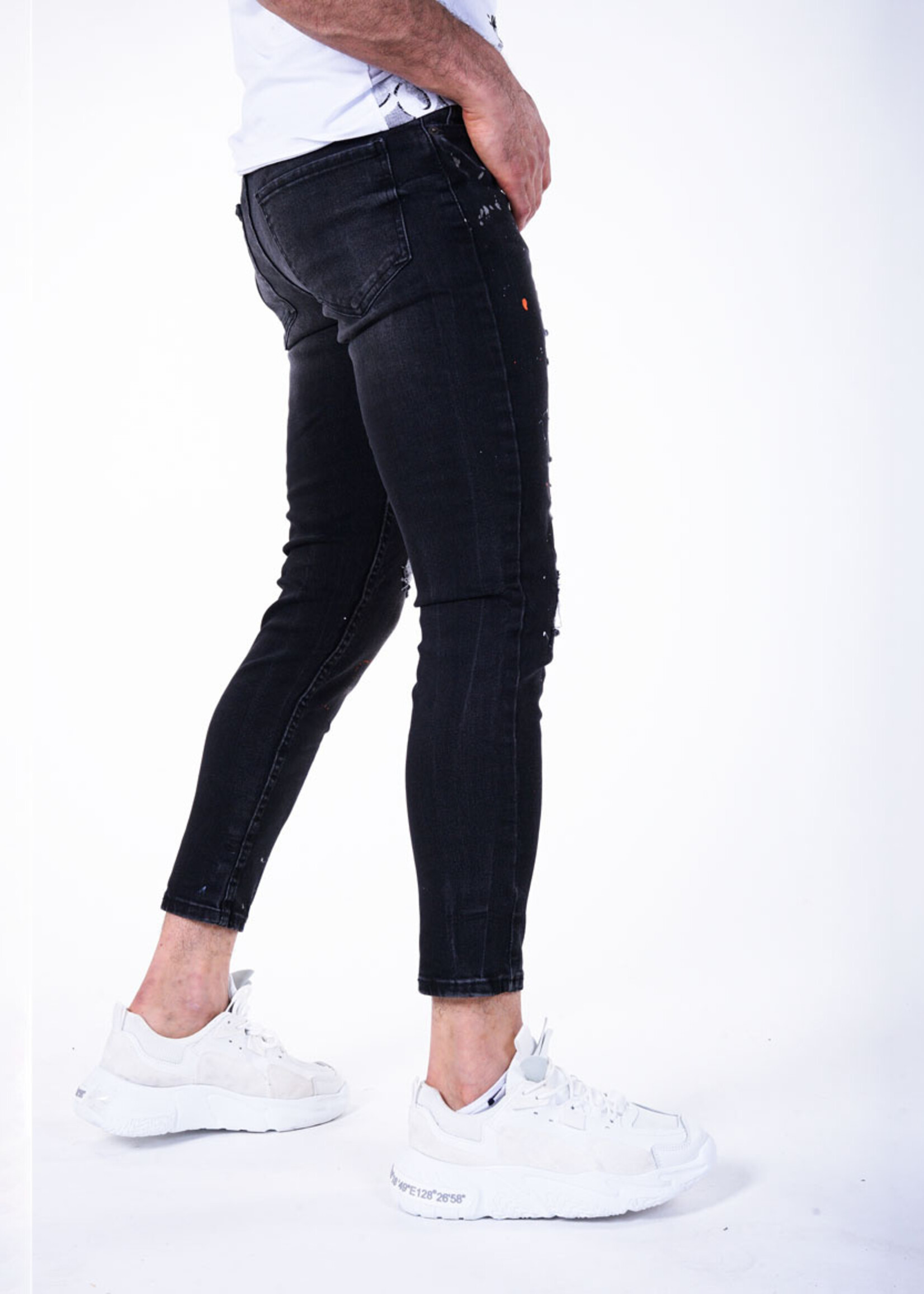 EnkelJeans zwarte / oranje verspetters
