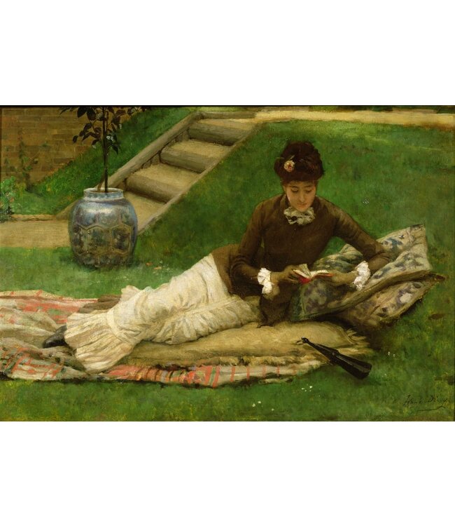Frank Dicey Der Roman, eine Dame im Garten liest ein Buch