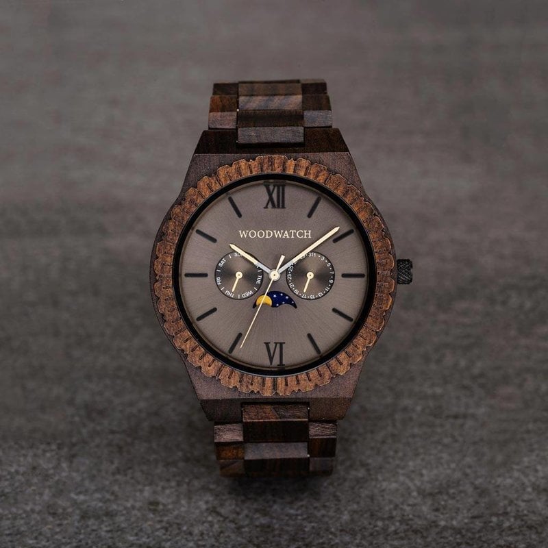 This premium designed watch with moon phase, combines unique new wood types with a luxurious stainless steel dial and backplate. At the heart of the timepiece comes an all new multi-function movement that includes two extra subdials featuring a week and m