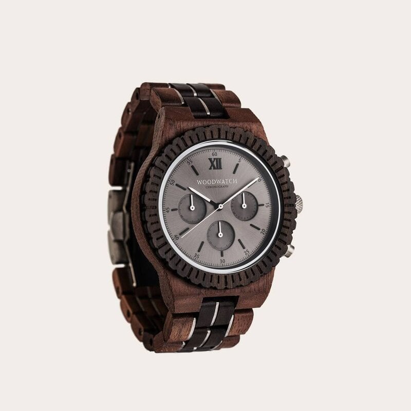 Prepare for adventure with our fully featured, hand-crafted Chronograph wrist watch. This premium design watch features a 45mm walnut case, black stainless steel dial and a SEIKO VD54 movement. The unique new strap combines sustainable walnut wood and bla