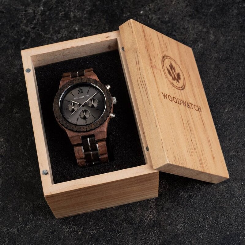 Prepare for adventure with our fully featured, hand-crafted Chronograph wrist watch. This premium design watch features a 45mm walnut case, black stainless steel dial and a SEIKO VD54 movement. The unique new strap combines sustainable walnut wood and bla