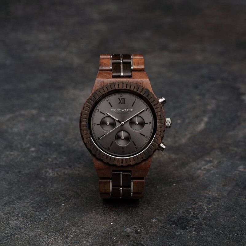 Prepare for adventure with our fully featured, hand-crafted Chronograph wrist watch. This premium design watch features a 45mm walnut case, black stainless steel dial and a SEIKO VD54 movement. The unique new strap combines sustainable walnut wood and bla
