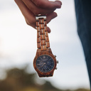 Prepare for adventure with our fully featured, hand-crafted Chronograph wrist watch. This premium design watch features a 45mm kosso wood case, blue stainless steel dial and a SEIKO VD54 movement. The unique new strap combines sustainable kosso wood with