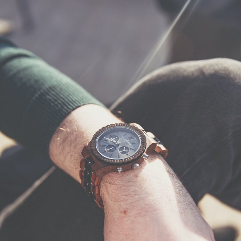 Prepare for adventure with our fully featured, hand-crafted Chronograph wrist watch. This premium design watch features a 45mm walnut case, black stainless steel dial and a SEIKO VD54 movement. The unique new strap combines sustainable walnut wood and bla