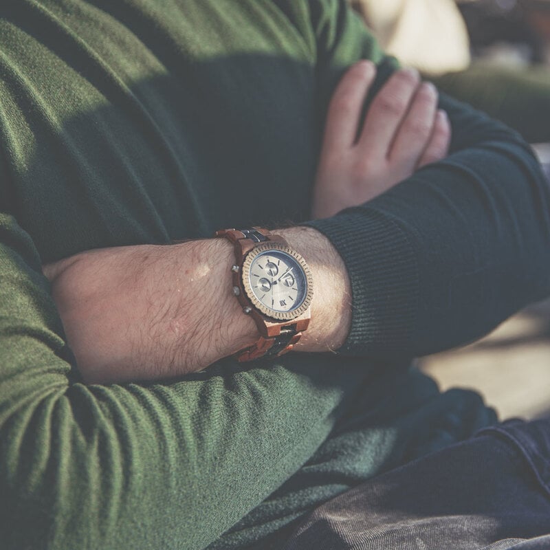 Prepare for adventure with our fully featured, hand-crafted Chronograph wrist watch. This premium design watch features a 45mm walnut case, black stainless steel dial and a SEIKO VD54 movement. The unique new strap combines sustainable walnut wood and bla