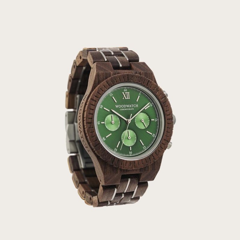 Prepare for adventure with our fully featured, hand-crafted Chronograph wrist watch. This premium design watch features a 45mm walnut wood case, green stainless steel dial and a SEIKO VD54 movement. The unique new strap combines sustainable walnut wood wi