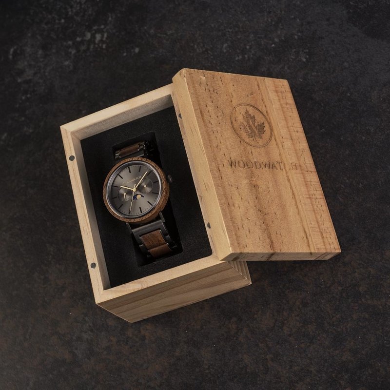 The ELEMENT Collection is comprised of four unique designs in the WoodWatch range, showcasing a combination of 316 stainless steel and wood. The 41mm diameter Iron Walnut watch features our characteristic moonphase movement and two subdials to display the