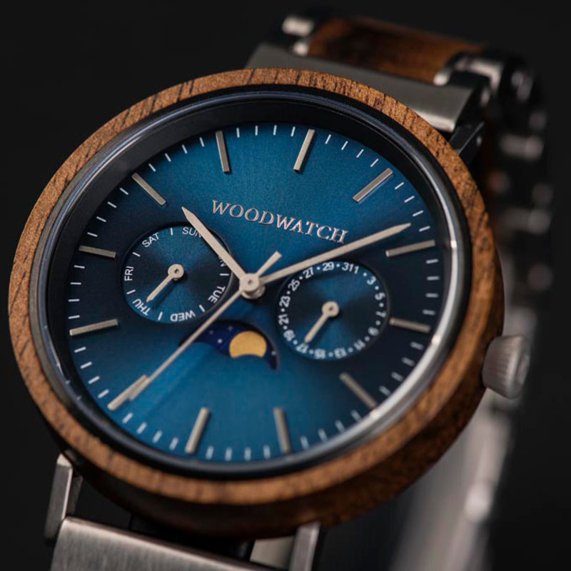 The ELEMENT Collection is comprised of four unique designs in the WoodWatch range, showcasing a combination of 316 stainless steel and wood. The 41mm diameter Cobalt Acacia watch features our characteristic moonphase movement and two subdials to display t