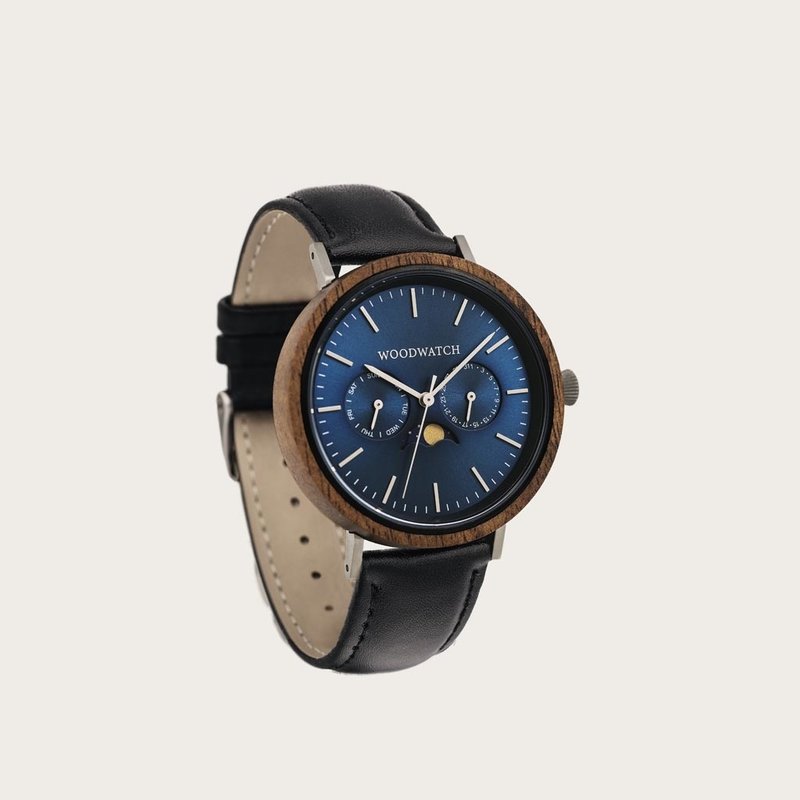 The ELEMENT Collection is comprised of four unique designs in the WoodWatch range, showcasing a combination of 316 stainless steel and wood. The 41mm diameter Cobalt Acacia Jet watch features our characteristic moonphase movement and two subdials to displ
