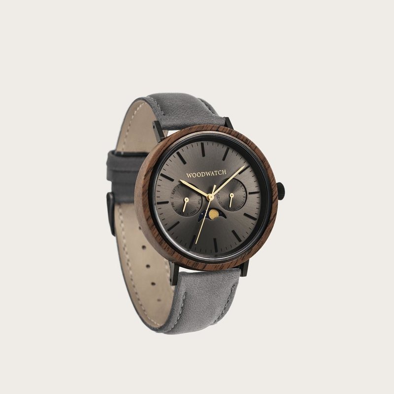 The ELEMENT Collection is comprised of four unique designs in the WoodWatch range, showcasing a combination of 316 stainless steel and wood. The 41mm diameter Iron Walnut Grey watch features our characteristic moonphase movement and two subdials to displa