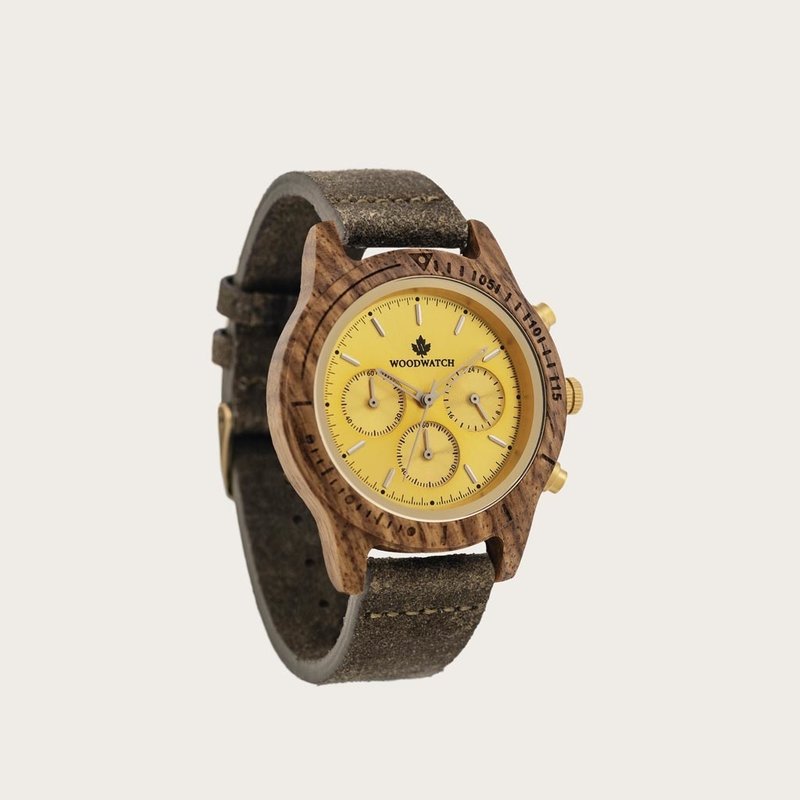 The CHRONUS Collection features a classic SEIKO VD54 chronograph movement, scratch resistant sapphire coated glass and stainless steel enforced strap links. The CHRONUS Tuscany Rise Khaki is made of Kosso Wood from East Africa, and features a yellow dial.