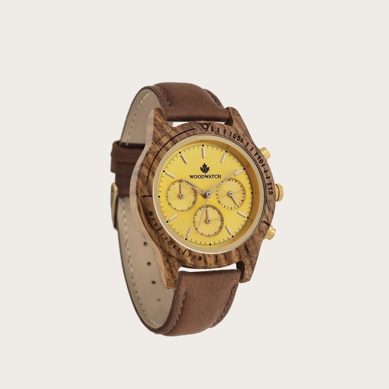 The CHRONUS Collection features a classic SEIKO VD54 chronograph movement, scratch resistant sapphire coated glass and stainless steel enforced strap links. The CHRONUS Tuscany Rise Pecan is made of Kosso Wood from East Africa, and features a yellow dial.