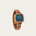 The CITY Atomic features a 30mm square case with a blue dial and golden details. The watch band consists of natural Mahogany wood that has been hand-finished to perfection and to create our latest small-band design.