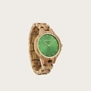 The men's CLASSIC Hunter watch has a classy slim case while featuring a unique moonphase movement and two extra subdials. The watch is made of North American Walnut Wood and features a green dial and golden-colored details. It is a perfect match with the