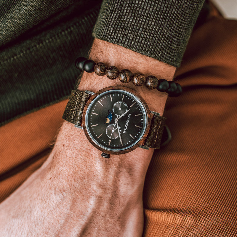 The ELEMENT Collection is comprised of four unique designs in the WoodWatch range, showcasing a combination of 316 stainless steel and wood. The 41mm diameter Brushed Iron Walnut Khaki watch features our characteristic moonphase movement and two subdials