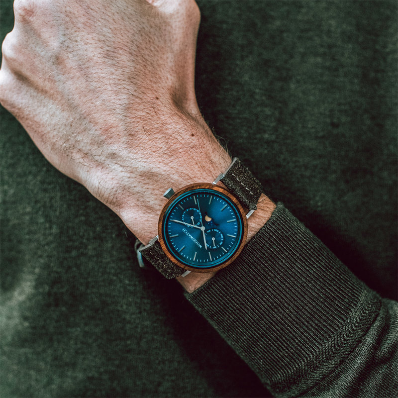The ELEMENT Collection is comprised of four unique designs in the WoodWatch range, showcasing a combination of 316 stainless steel and wood. The 41mm diameter Brushed Iron Walnut Khaki watch features our characteristic moonphase movement and two subdials