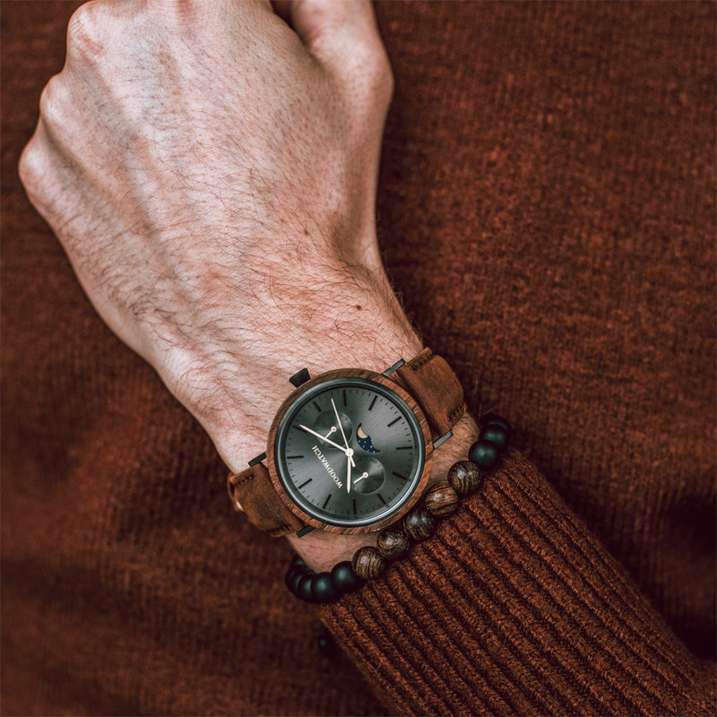 The ELEMENT Collection is comprised of four unique designs in the WoodWatch range, showcasing a combination of 316 stainless steel and wood. The 41mm diameter Iron Walnut Pecan watch features our characteristic moonphase movement and two subdials to displ
