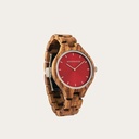 The AURORA Collection breaths the fresh air of Scandinavian nature and the astonishing views of the sky. This light weighing watch is made of kosso wood, accompanied by a red stainless-steel dial. The watch is available with a wooden strap or a leather st