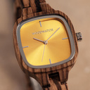 The CITY Lumen features a 30mm square case with a yellow dial. The watch band consists of natural zebra wood that has been hand-finished to perfection and to create our latest small-band design.