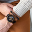 The CHRONUS Cosmic Night Jet features a classic SEIKO VD54 chronograph movement, scratch resistant sapphire coated glass and stainless steel enforced strap links. The watch is made of black sandalwood and has a black dial with golden details. Handcrafted